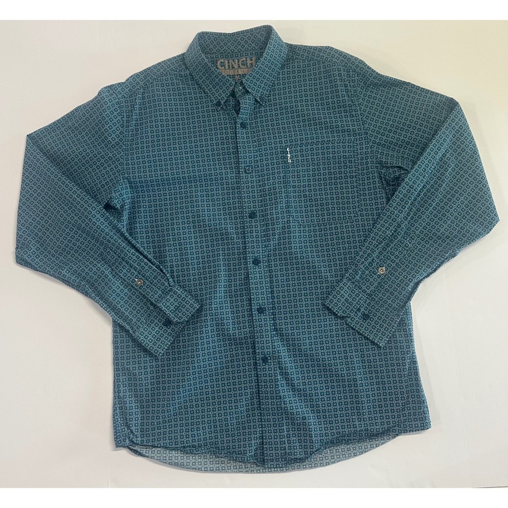 Cinch Modern Fit Mens Medium Teal Blue Geometric Diamond Button Down MTW1347041